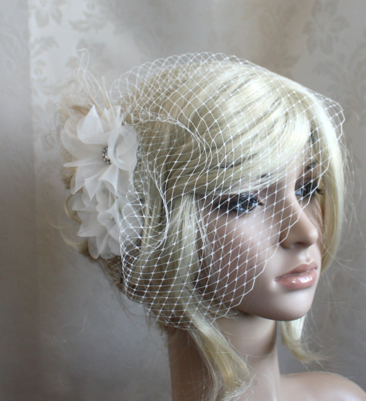 Ivory Silk Organza Flower Hair Clip with Birdcage Veil - Bridal Ceremony or Reception