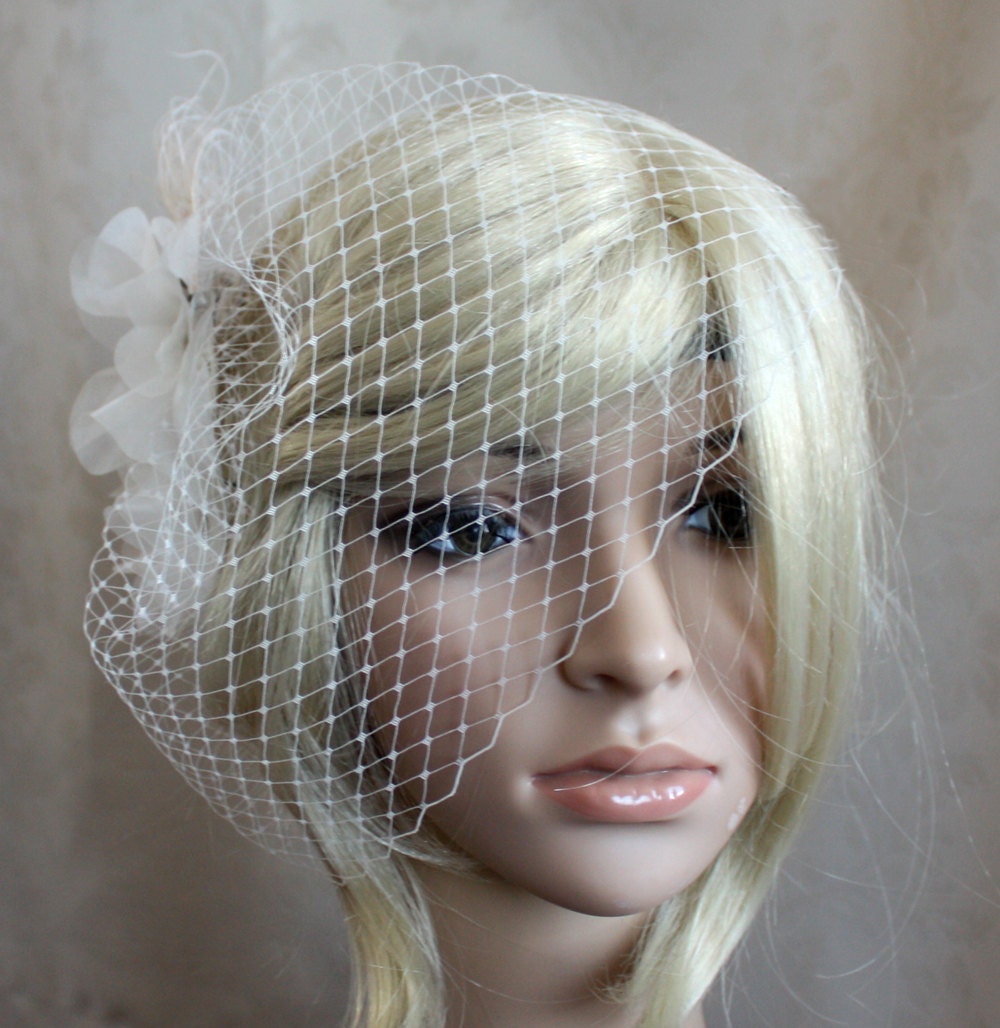 Ivory Silk Organza Flower Hair Clip with Birdcage Veil - Bridal Ceremony or Reception