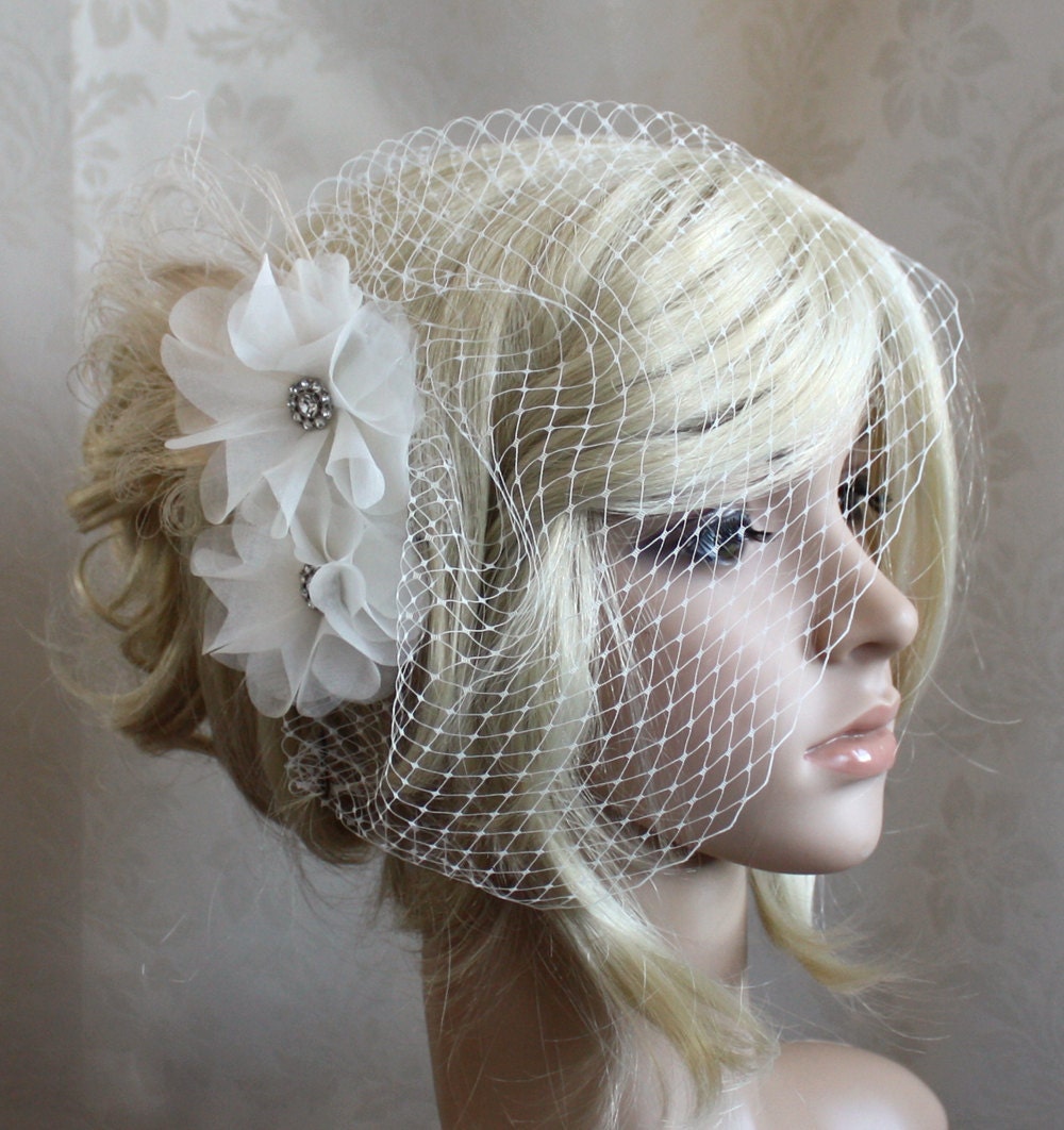 Ivory Silk Organza Flower Hair Clip with Birdcage Veil - Bridal Ceremony or Reception