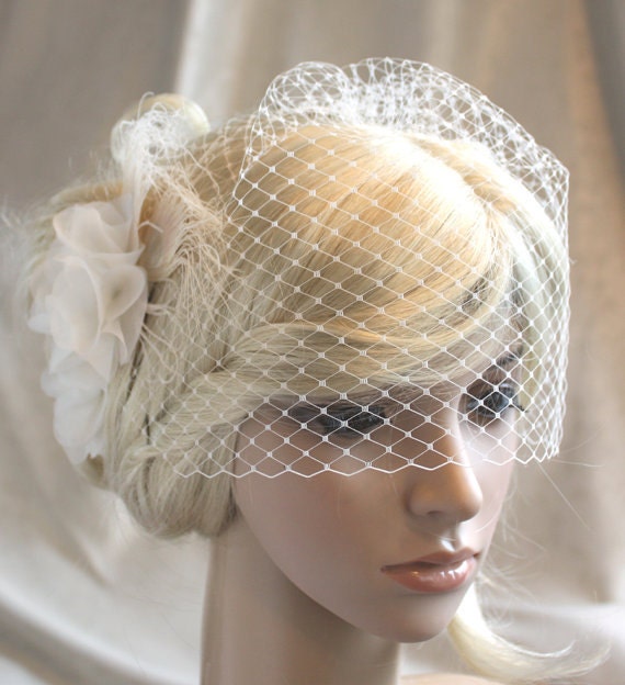 Ivory Silk organza flowers hair clip and birdcage veil ( 2 items) wedding reception bridal party. .