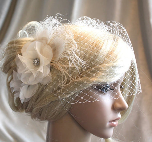 Ivory Silk organza flowers hair clip and birdcage veil ( 2 items) wedding reception bridal party. .