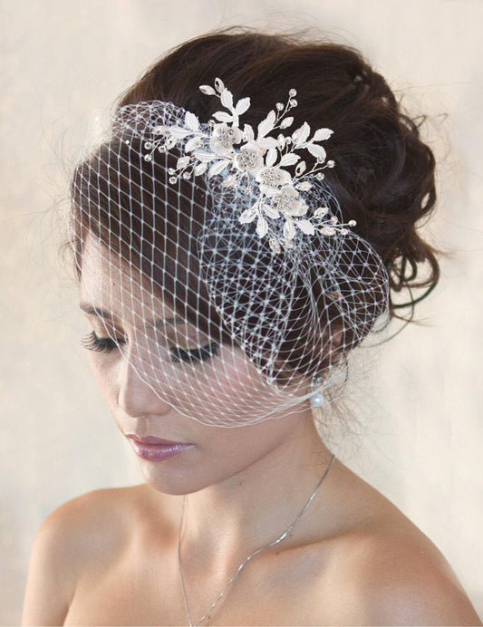 Crystal Birdcage Veil headband : Pearl & Rhinestone headband, Silver/Gold