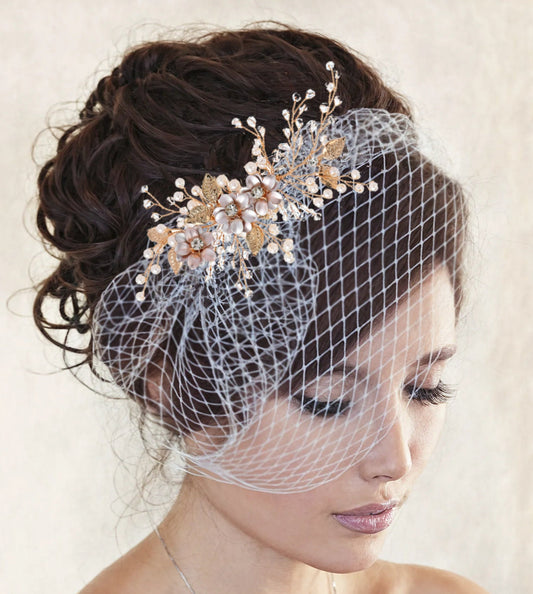 Crystal Birdcage Veil headband : Pearl & Rhinestone headband, Silver/Gold