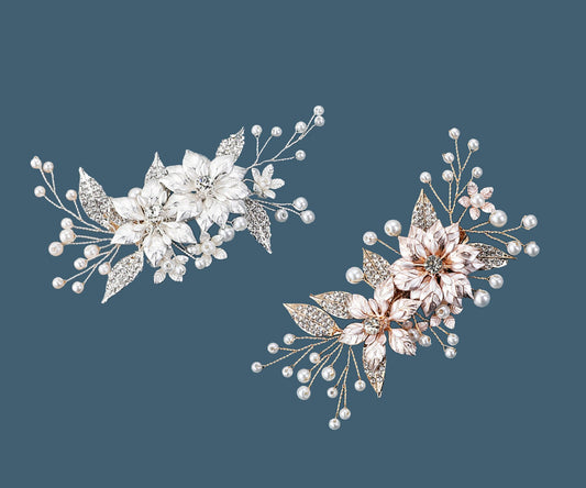 Pearl & Crystal Birdcage Veil: Floral Hair Clip, Silver or Rose Gold