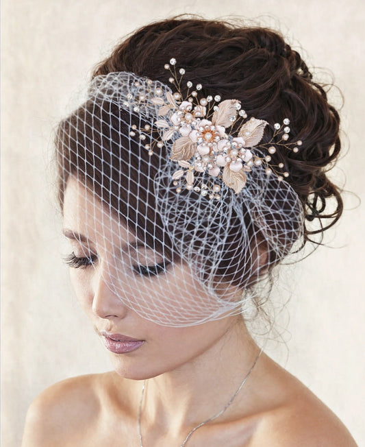 Gold Birdcage Veil: Pearl & Crystal Rhinestone Hair Clip, French Netting