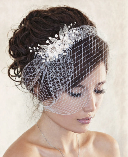 Pearl & Crystal Birdcage Veil: Floral Hair Clip, Silver or Rose Gold