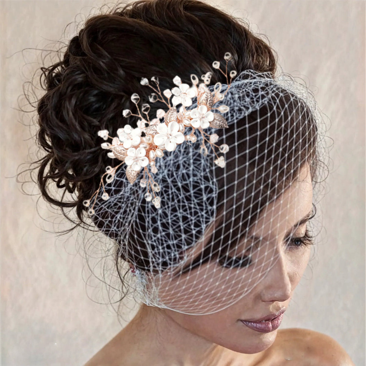 Birdcage Veil Headband: White Clay Flowers, Pearls & Crystal - Wired Comb