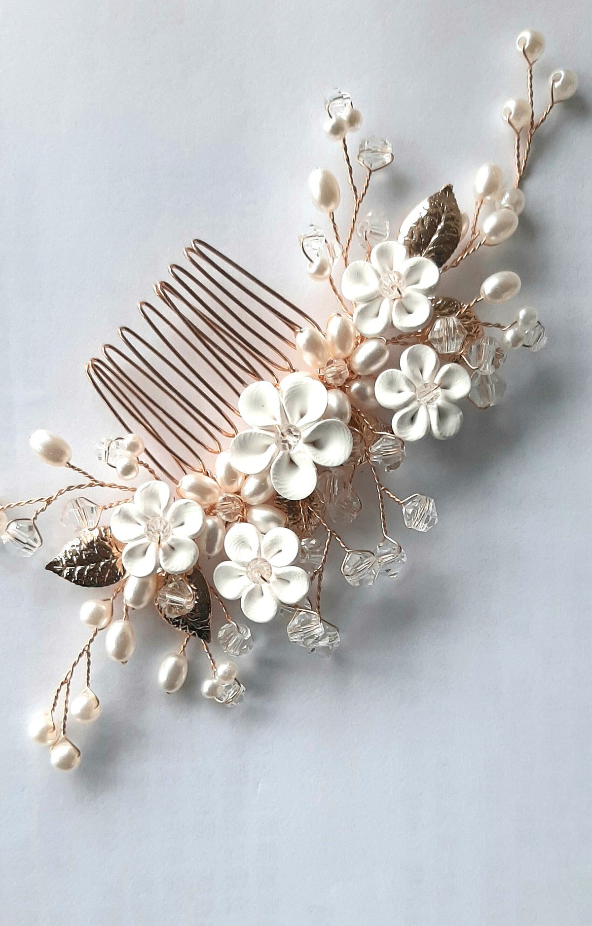 Birdcage Veil Headband: White Clay Flowers, Pearls & Crystal - Wired Comb