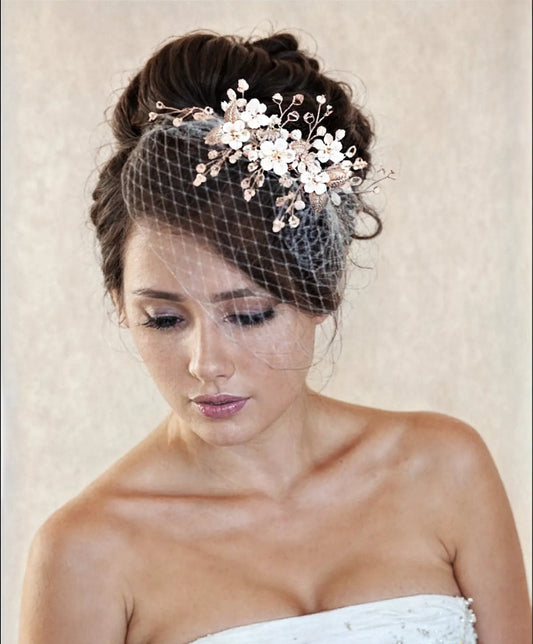 Bridal Birdcage Veil Headband: Clay Flowers, Pearls & Crystal - Handmade