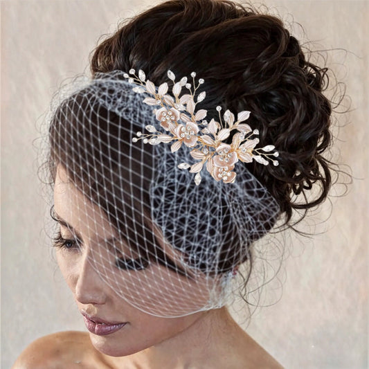 Birdcage Veil Headband: French Netting, Crystal Flowers, Rose Gold/Silver Comb