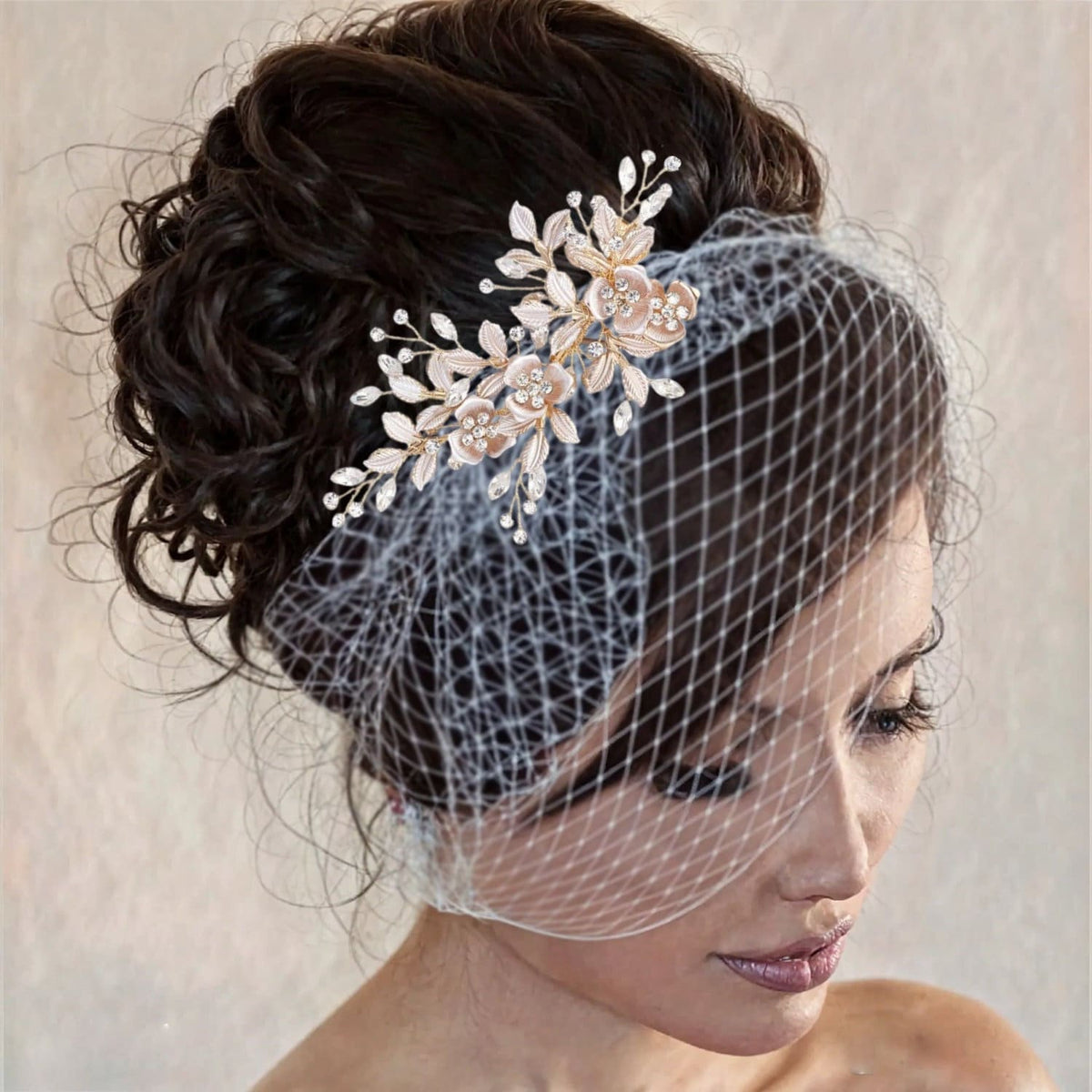 Birdcage Veil Headband: French Netting, Crystal Flowers, Rose Gold/Silver Comb