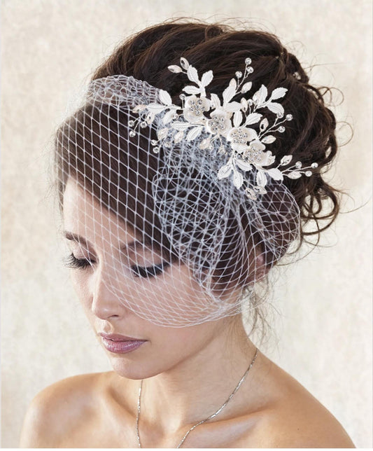 Floral Crystal Birdcage Veil: French Netting Bridal Veil with Rhinestone and Pearl Comb