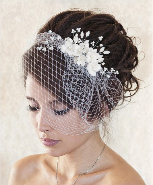 Birdcage Veil: French Netting, Porcelain Floral Comb, Bridal Headpiece