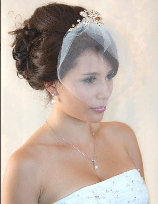 Ivory Tulle Birdcage Veil: Floral Hair Comb, Silver/Gold Pearls