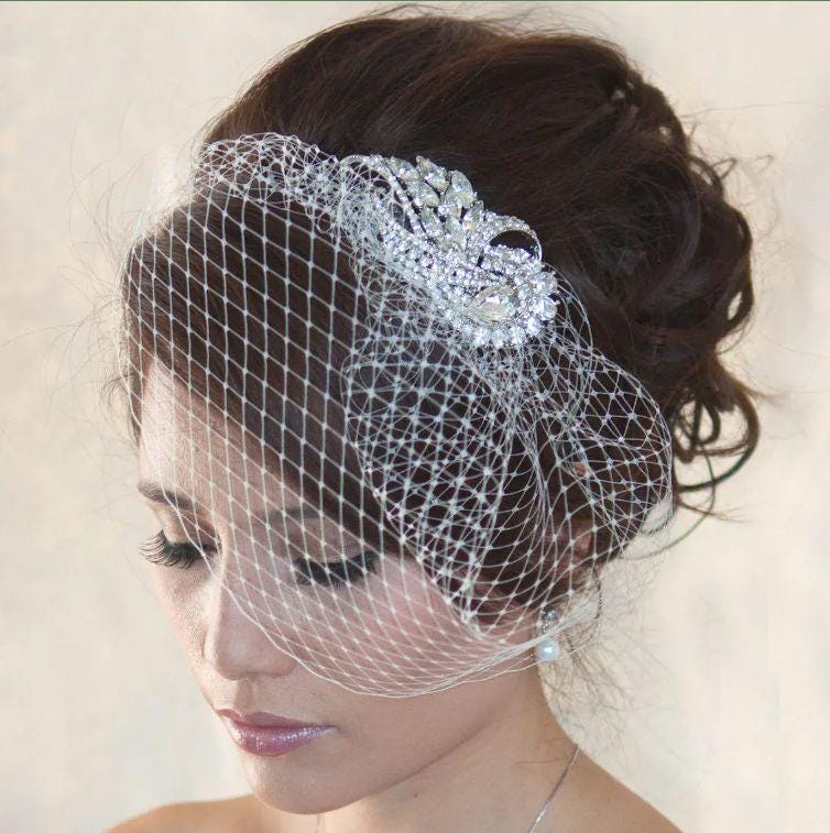 Crystal Rhinestone Birdcage Veil: Small Wedding Veil, Comb or Headband