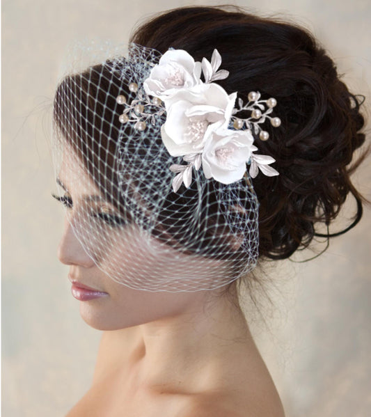 Ivory . white. Flower Birdcage Veil comb Wedding Bridal Hair Clip