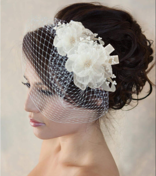 Organza Flower Birdcage Veil Headband: Bridal Wedding Hair Accessory