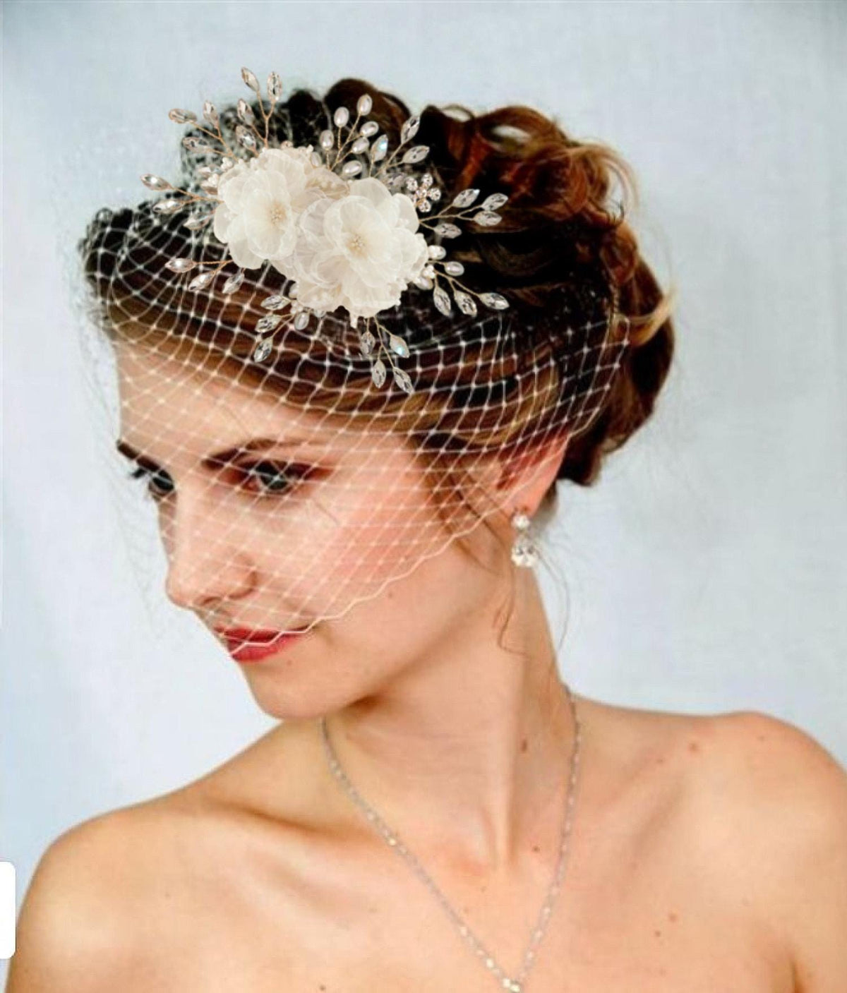 Bridal Birdcage Veil with Swarovski Crystals & Satin Flower Clip