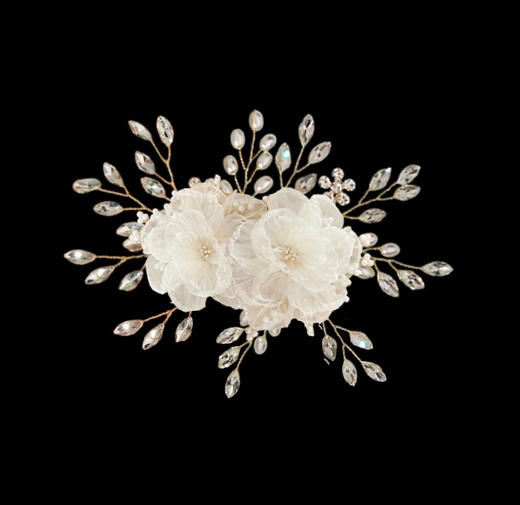 Organza Flower Birdcage Veil: Bridal Headband with Rhinestones