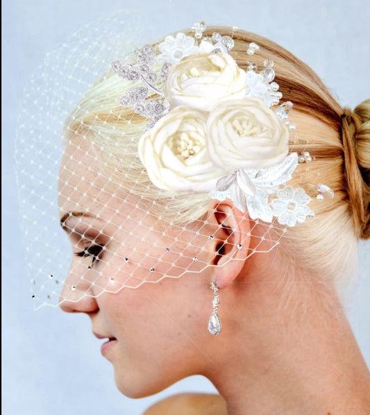 Bridal Birdcage Veil with Swarovski Crystals & Satin Flower Clip