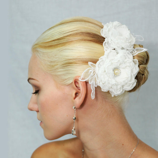 Organza Peony Hair Clip: Bridal Pearl Flower Comb