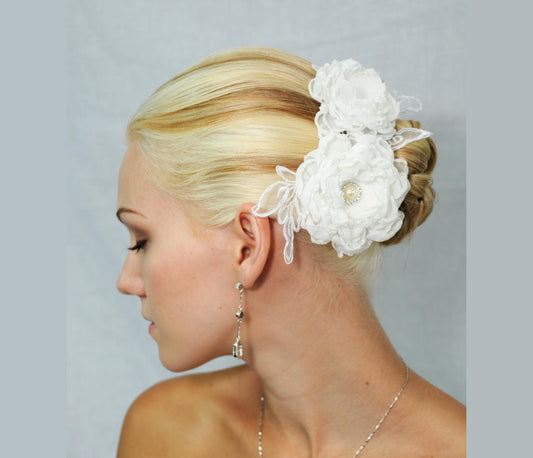 Organza Peony Hair Clip: Bridal Pearl Flower Comb