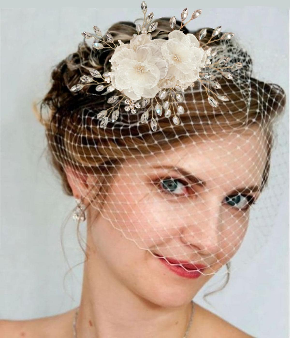 Bridal Birdcage Veil with Swarovski Crystals & Satin Flower Clip