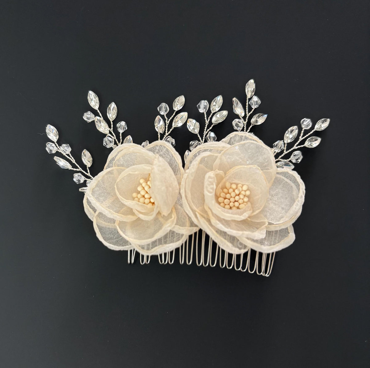 Floral Bridal Hair Comb: Organza Flower, Crystal Rhinestone Headpiece