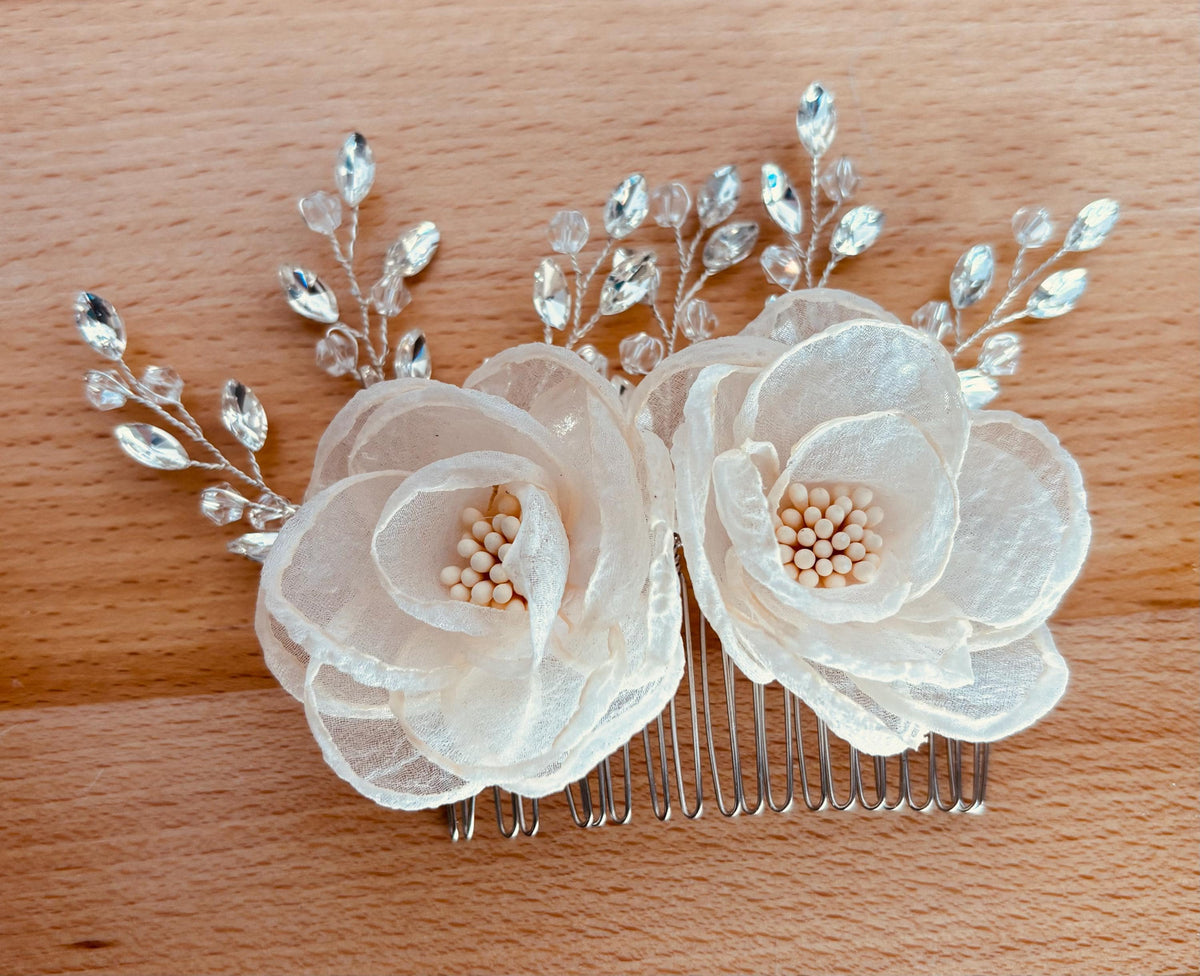 Floral Bridal Hair Comb: Organza Flower, Crystal Rhinestone Headpiece