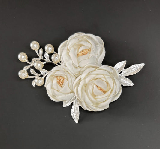 Handmade Satin Rose Bridal Hair Comb: Pearl & Leaf Wedding Hairpiece