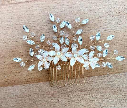 Crystal Bridal Hair Comb: Gold Vine, Pearl Flower Wedding Hairpiece