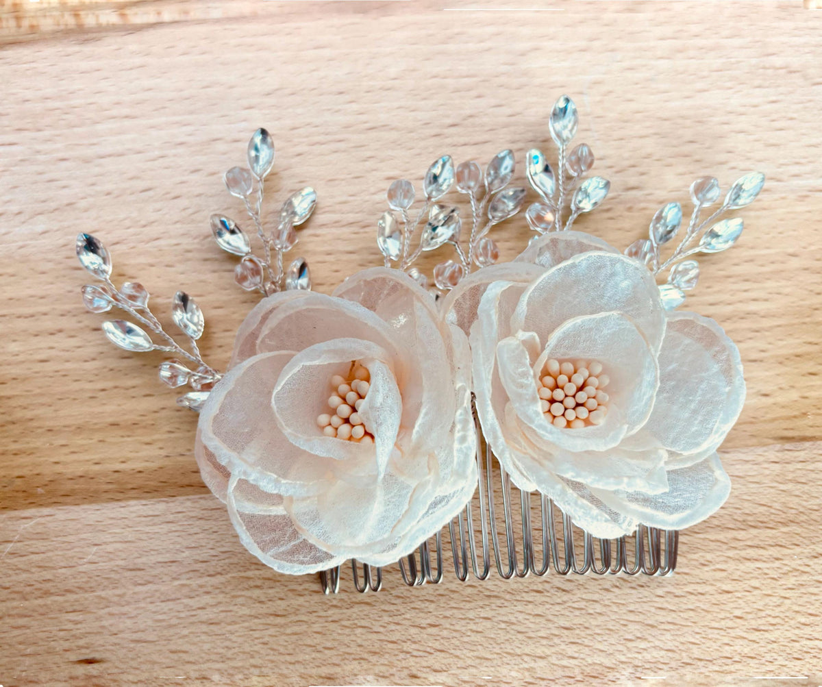 Floral Bridal Hair Comb: Organza Flower, Crystal Rhinestone Headpiece