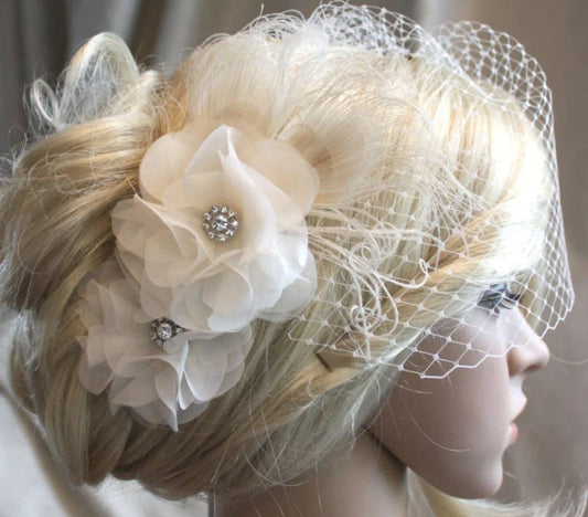 Ivory Silk organza flowers hair clip and birdcage veil ( 2 items) wedding reception bridal party. .