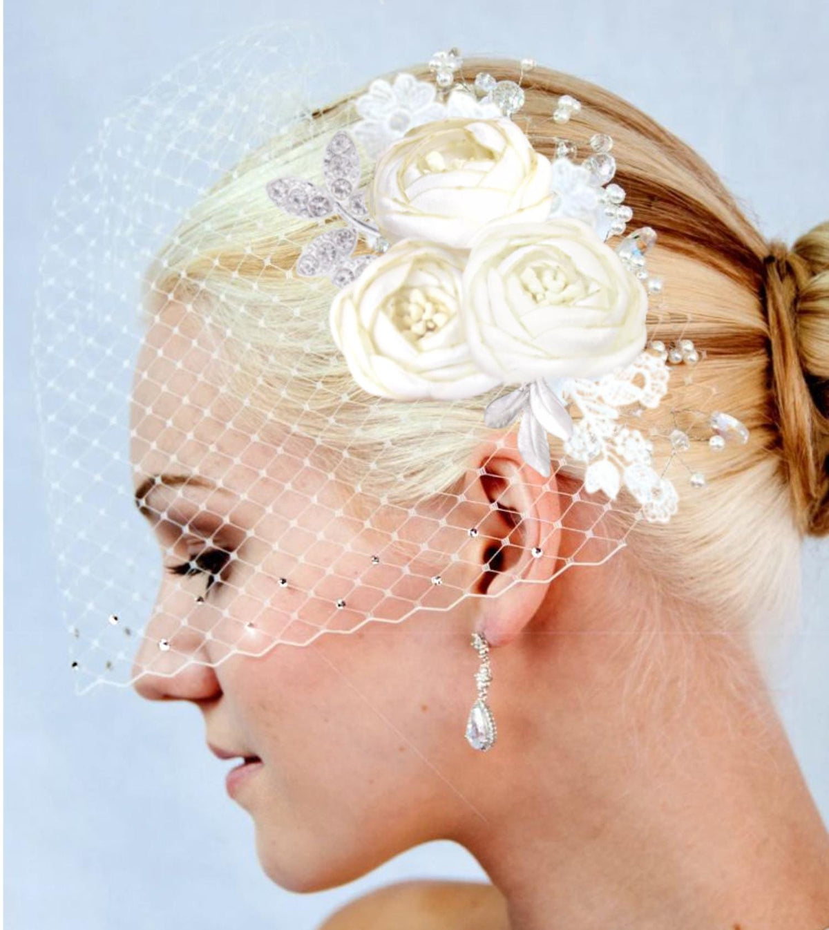 Bridal Birdcage Veil with Swarovski Crystals & Satin Flower Clip