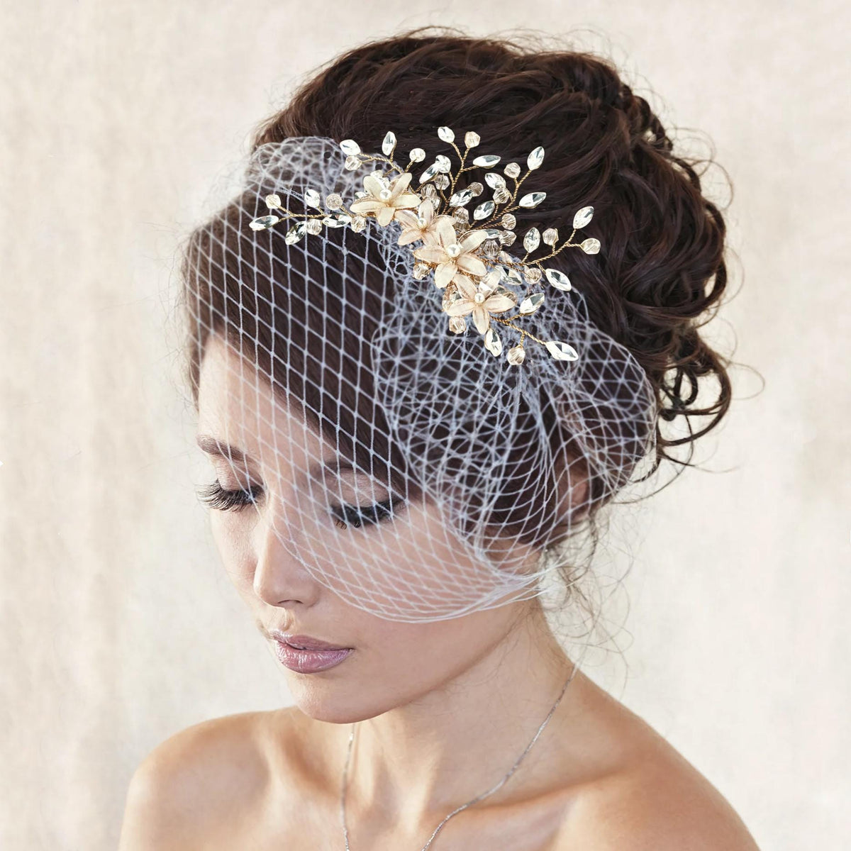 Gold Floral Bridal Comb: Marquise Crystal Pearl Wedding Hairpiece
