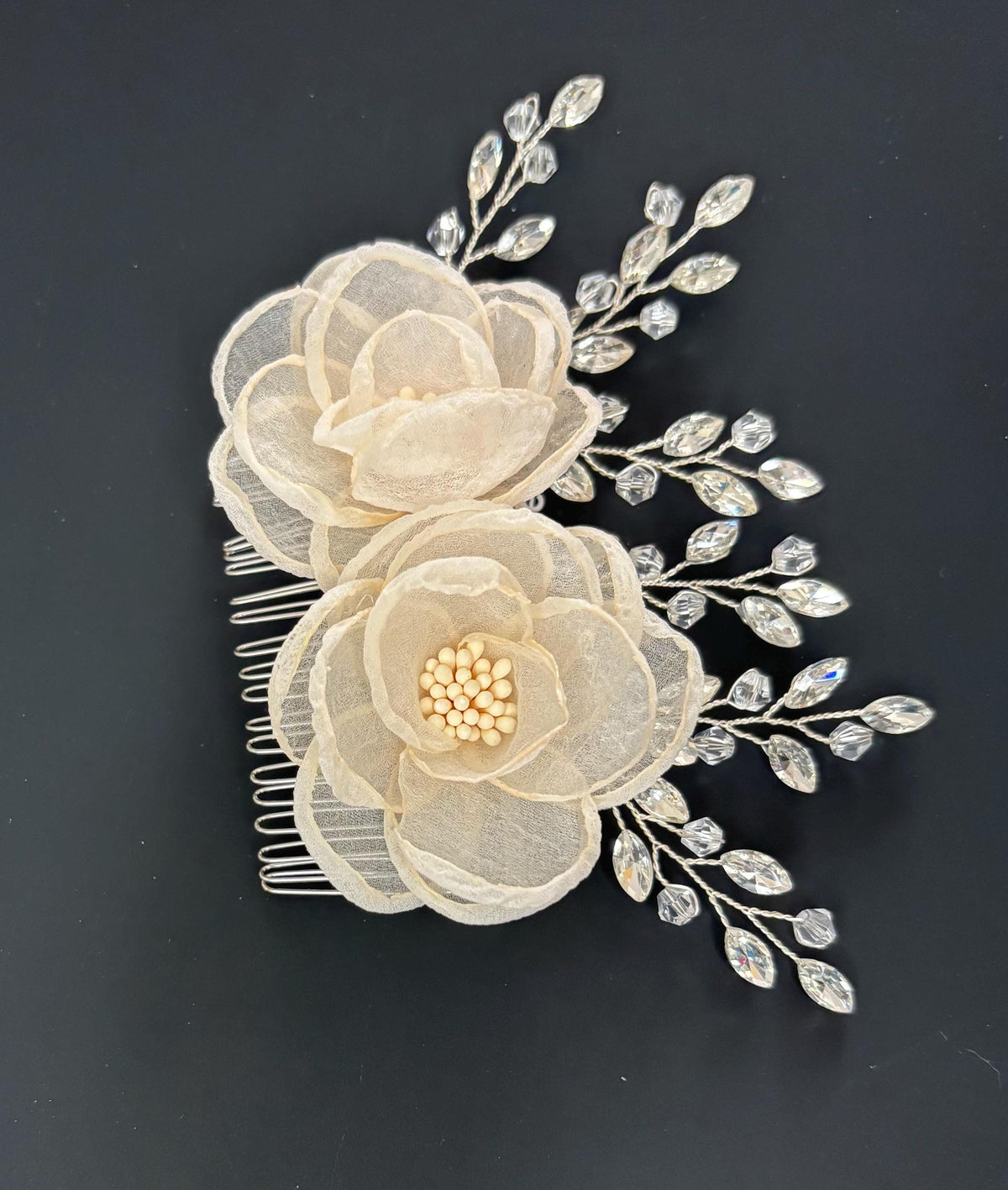 Floral Bridal Hair Comb: Organza Flower, Crystal Rhinestone Headpiece