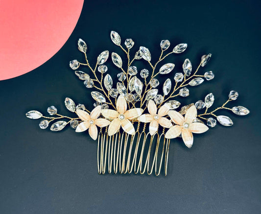 Gold Floral Bridal Comb: Marquise Crystal Pearl Wedding Hairpiece