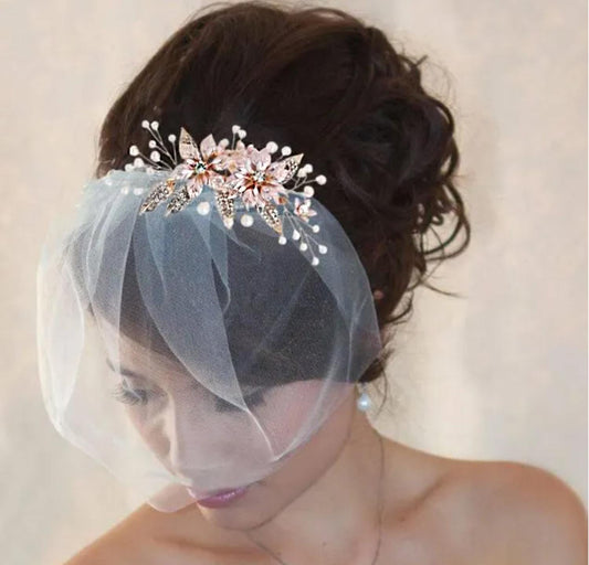 Ivory Tulle Birdcage Veil: Floral Hair Comb, Silver/Gold Pearls