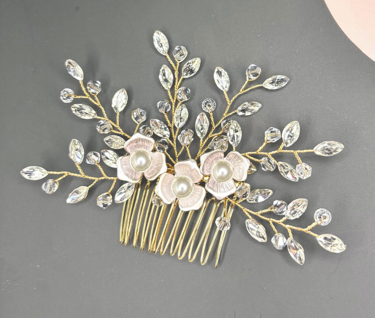 Floral Bridal Hair Comb: Gold Pearl Crystal Wedding Hairpiece