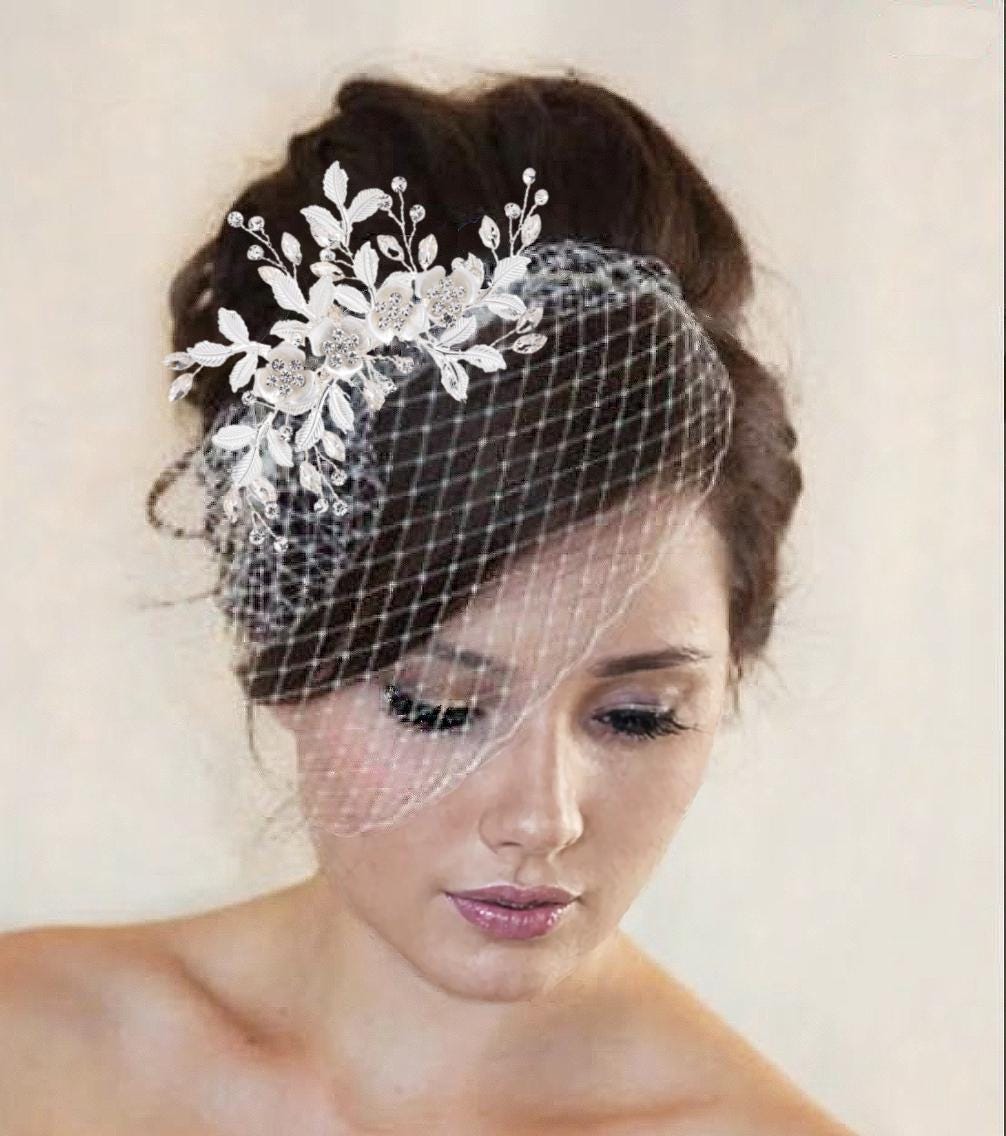 Birdcage Veil Headband: French Netting, Crystal Flowers, Rose Gold/Silver Comb