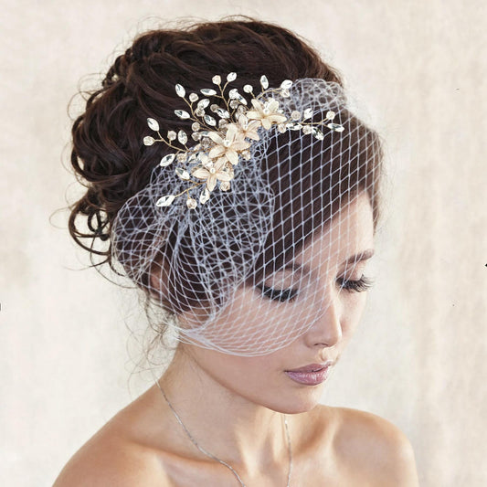 Bridal Birdcage Veil: French Netting, Crystal & Pearl Comb Headband