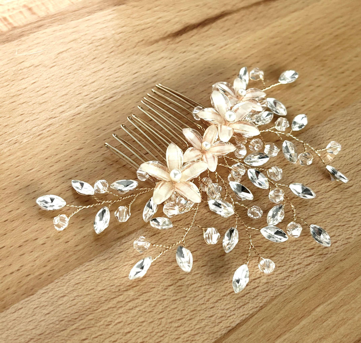 Gold Floral Bridal Comb: Marquise Crystal Pearl Wedding Hairpiece