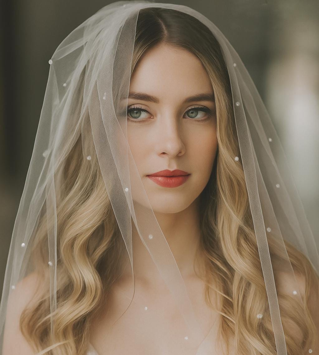 Chapel Wedding Veil: Scattered Pearls, Ivory Tulle, Silver Comb