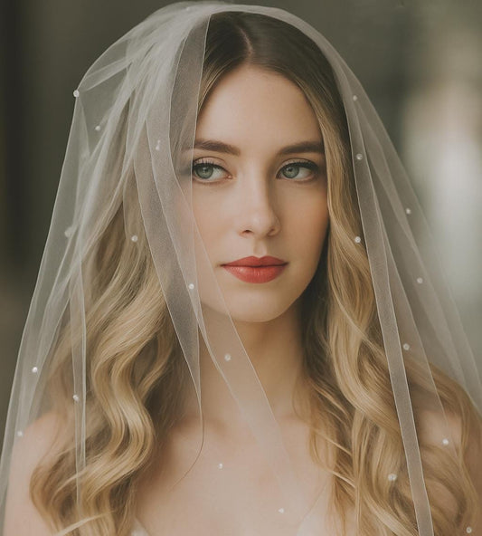 Chapel Wedding Veil: Scattered Pearls, Ivory Tulle, Silver Comb