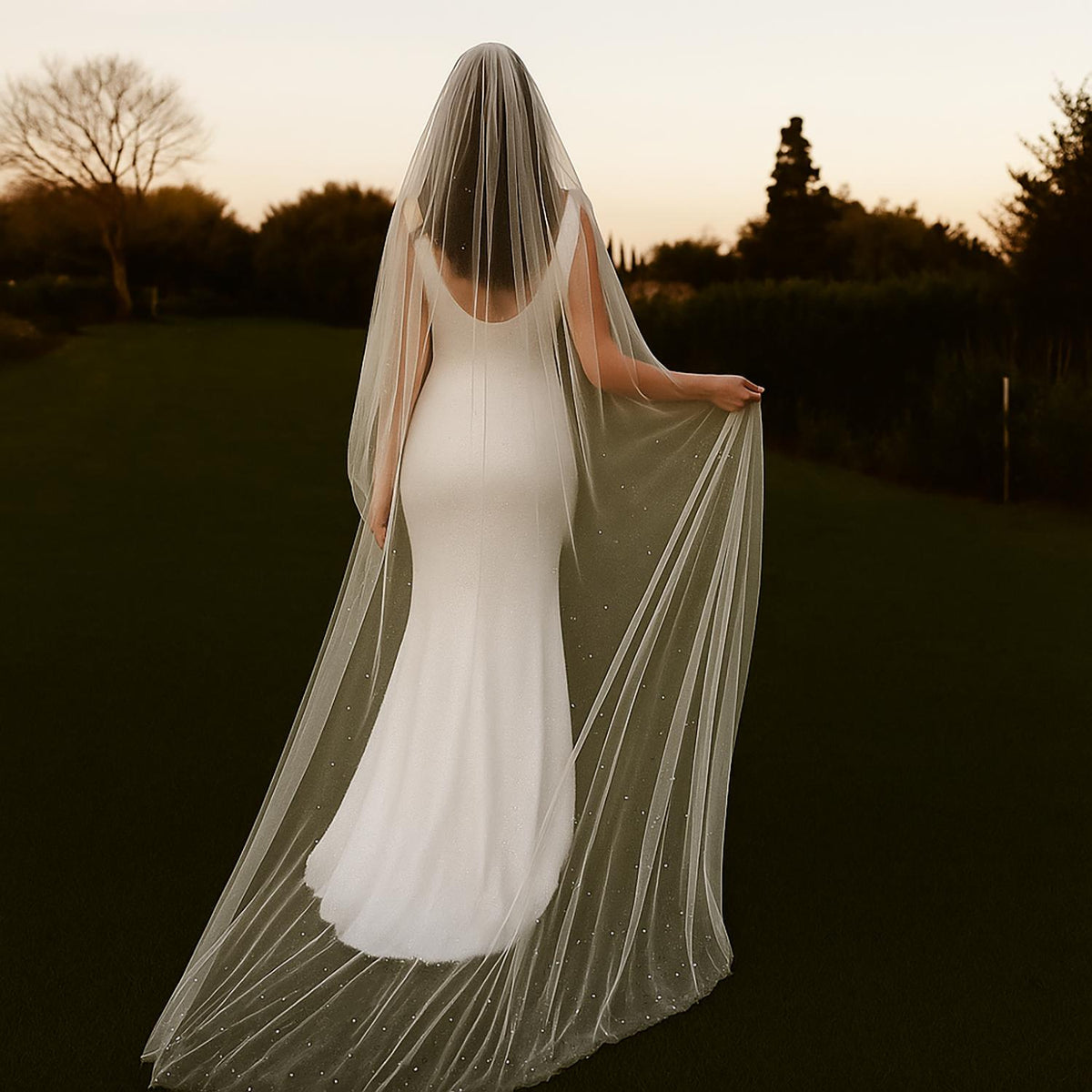 Chapel Wedding Veil: Scattered Pearls, Ivory Tulle, Silver Comb