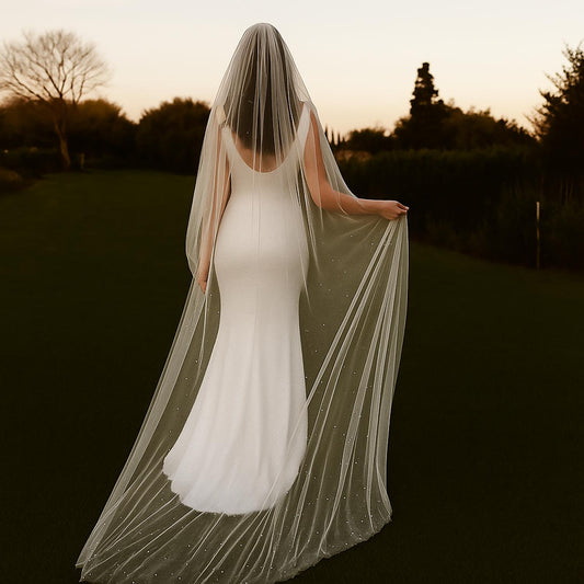Chapel Wedding Veil: Scattered Pearls, Ivory Tulle, Silver Comb