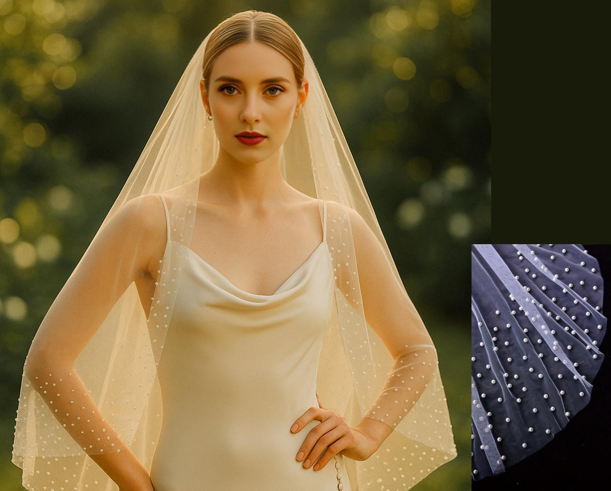 Pearl Edged Tulle Fingertip Veil: Short Bridal Veil with Comb