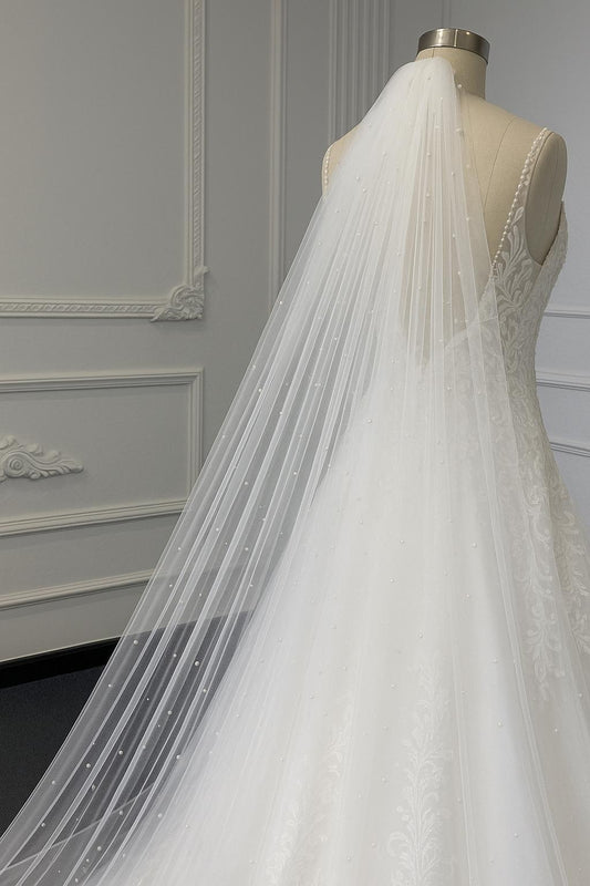Cathedral Length Pearl Wedding Veil: White or Ivory Tulle, Silver Comb