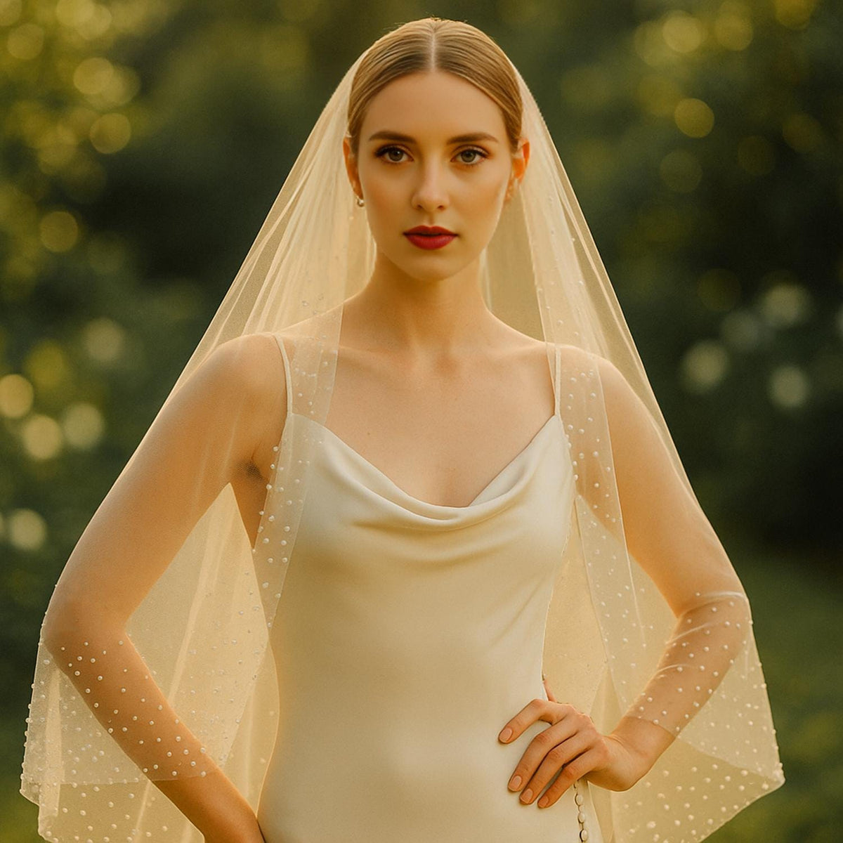 Pearl Edged Tulle Wedding Veil: Fingertip or Floor Length