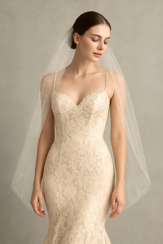 Floor Length Pearl Wedding Veil: Tulle Bridal Veil with Comb
